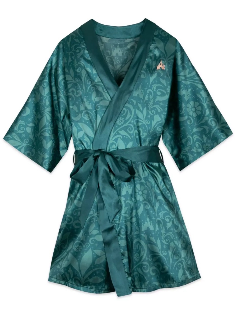 Disney Fantasyland Women's Teal Satin Kimono Robe - Luxurious Short Wrap